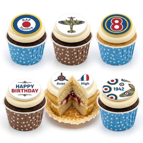 RAF Spitfire and aviation themed cupcakes with custom age and Happy Birthday toppers.