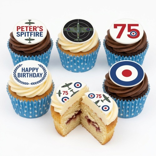 Spitfire themed cupcakes with RAF roundel, plane toppers, 'Happy Birthday' and custom age topper.