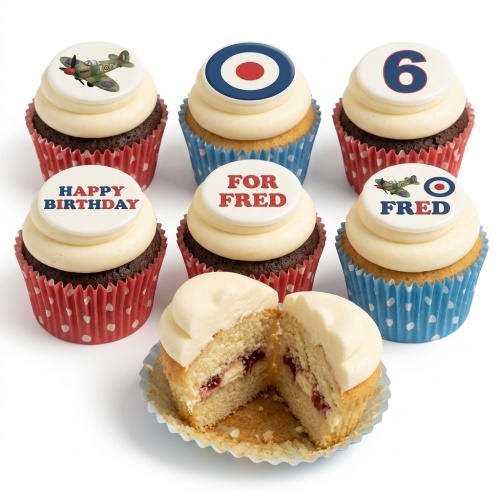 Cupcakes with RAF roundel and vintage aeroplane toppers, with custom age and personalised message.