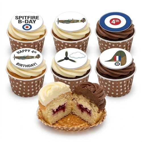 Spitfire themed cupcakes with plane, propeller, and RAF roundel edible toppers, some with vanilla and chocolate frosting.