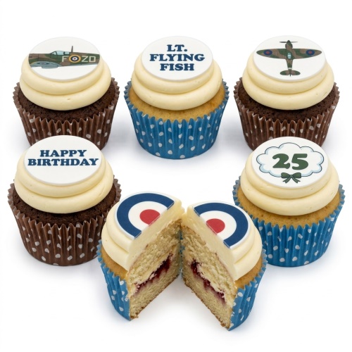Six aviation themed cupcakes with fighter planes, RAF roundel, 'Happy Birthday', and custom age toppers.