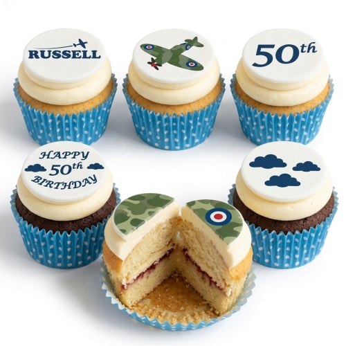 Aeroplane themed cupcakes with Spitfire, camouflage, RAF roundel, clouds, and custom age topper.
