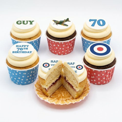 Cupcakes with RAF Spitfire plane and roundel toppers, with custom age and personalised message options.