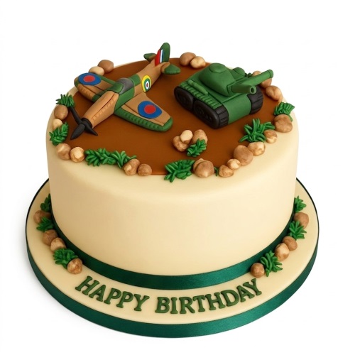 Round birthday cake with a fondant Spitfire plane and tank, decorated with green foliage and rocks.