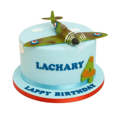 Round blue Spitfire airplane birthday cake with custom age topper and personalised message.