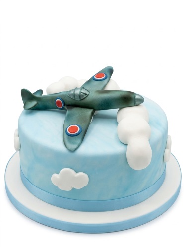 Single-tier round blue cake with white clouds and a green Spitfire airplane topper.