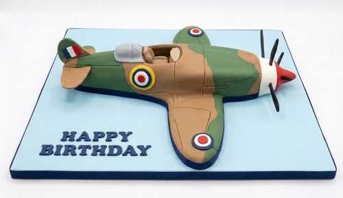 3D Spitfire aeroplane birthday cake with camouflage, roundels, and 'Happy Birthday' message