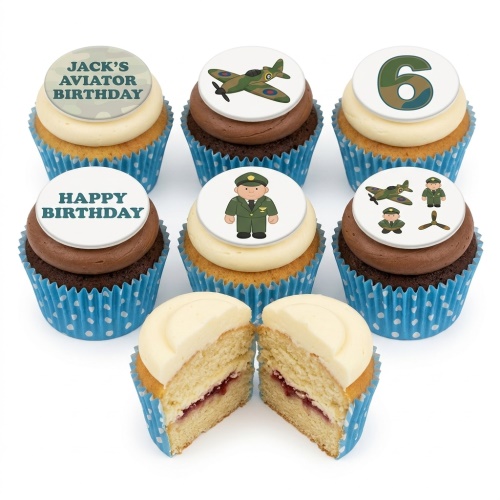 Aviator theme cupcakes for boys with planes, pilot character, and custom age topper.