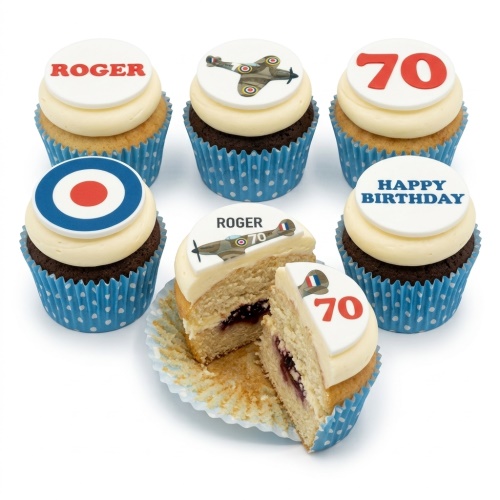 Cupcakes with Spitfire plane, RAF roundel, and custom age/name toppers.
