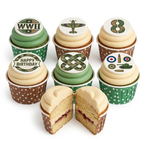 WWII military themed cupcakes with Spitfire plane, tank, camouflage, and custom age topper.
