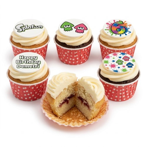 Splatoon themed cupcakes with green and pink squid characters, logo, and a colourful custom age topper.