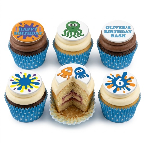Six colourful kids birthday cupcakes with splatter designs, octopus, squid, and custom age and message toppers.