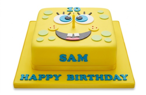 Yellow Spongebob Squarepants birthday cake with blue eyes, a wide smile, and a custom age topper.