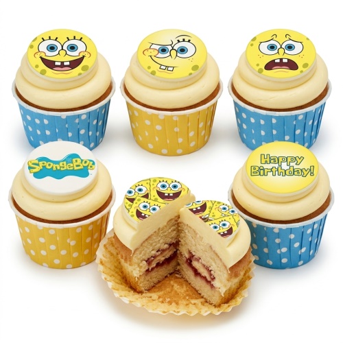 Spongebob Squarepants themed cupcakes with yellow and blue polka dot cases, Spongebob faces, and a "Happy Birthday!" topper.