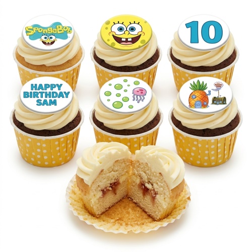 Spongebob Squarepants themed cupcakes with character toppers, custom age, and personalised message