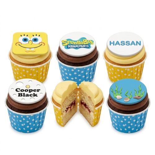 Spongebob SquarePants and under the sea themed cupcakes with personalised name toppers.