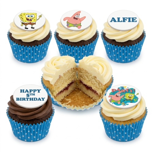 SpongeBob SquarePants and Patrick Star cupcakes with white icing and blue polka dot cases, featuring custom age and name toppers.