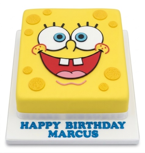 Square yellow Spongebob Squarepants birthday cake with a happy face and custom message board.
