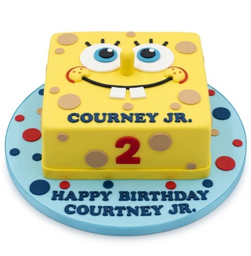 Yellow Spongebob Squarepants themed birthday cake with blue and red polka dot board, featuring custom age and name.