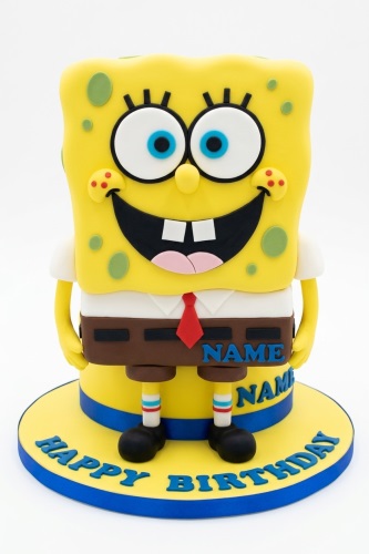 Yellow Spongebob Squarepants character birthday cake with blue base and custom name area.