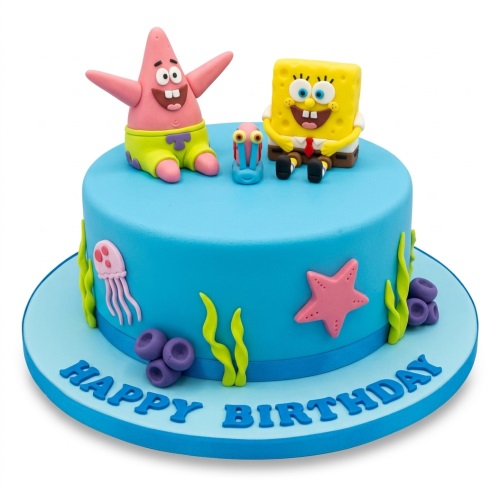 Round blue Spongebob Squarepants birthday cake with Spongebob, Patrick, Gary figures and underwater decorations.