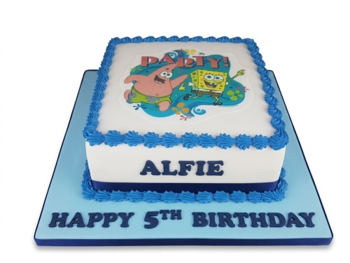Rectangular Spongebob Squarepants birthday cake with blue icing borders and custom message.