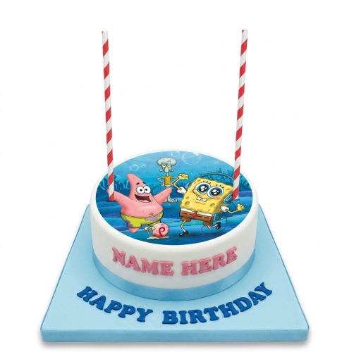 Round white Spongebob Squarepants birthday cake with edible image of Spongebob, Patrick, and Squidward, with custom name area.