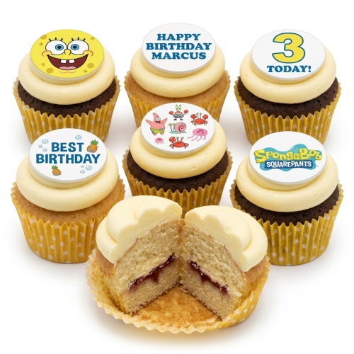 Spongebob Squarepants themed birthday cupcakes with Spongebob, Patrick, and friends toppers, some with custom age and name examples.