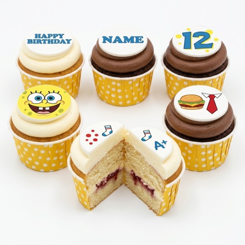 Assorted kids birthday cupcakes with custom toppers, including Spongebob, 'Happy Birthday', and a custom age.