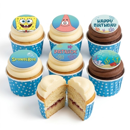 SpongeBob SquarePants and Patrick Star themed cupcakes with 'Happy Birthday' and underwater scene toppers.