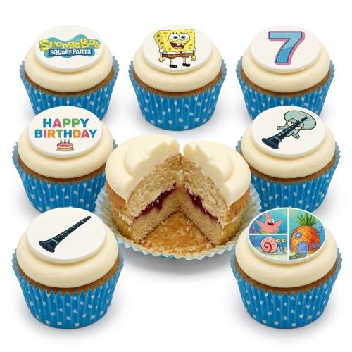 Spongebob Squarepants themed cupcakes with character toppers, blue polka dot cases, and a custom age topper.
