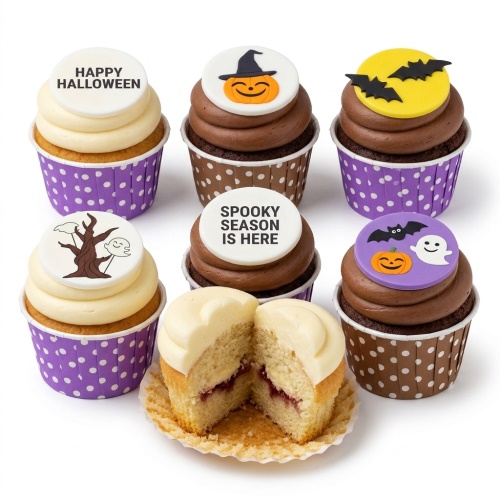 A selection of Halloween themed cupcakes with pumpkin, ghost, bat, and spooky tree toppers, some with 'Happy Halloween' text.