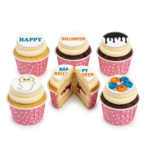 A selection of Halloween cupcakes with ghost, 'Happy Halloween' text, and dripping icing toppers.