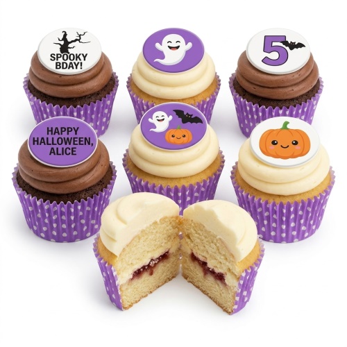 Halloween cupcakes with ghost, pumpkin, bat, and spooky tree toppers on purple wrappers.