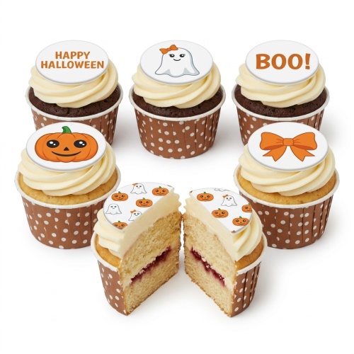 Halloween cupcakes with ghost, pumpkin, and 'Happy Halloween' toppers