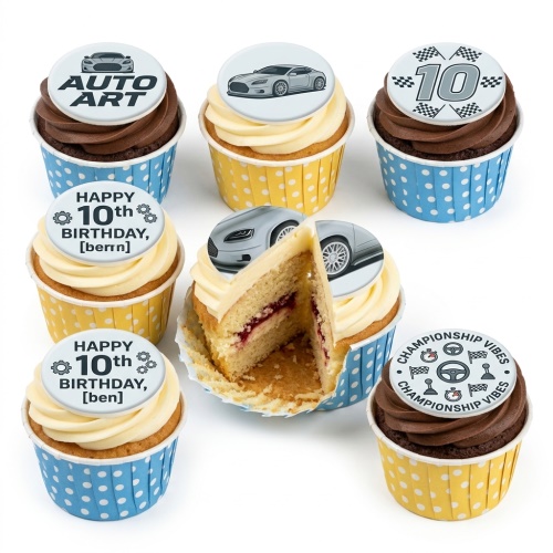 Set of vanilla and chocolate cupcakes with sports car, racing flag, and custom age toppers.
