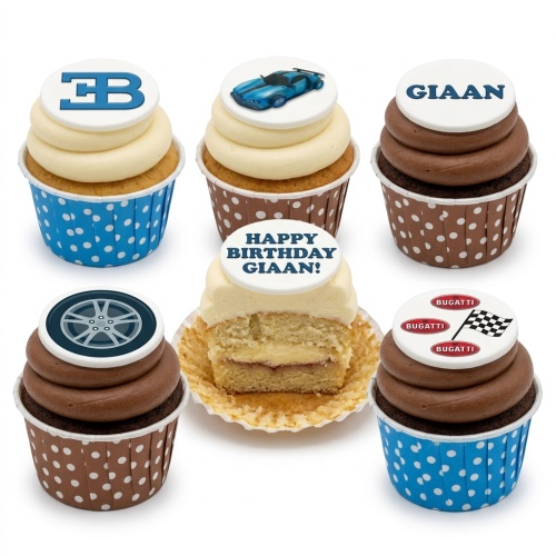 Bugatti themed cupcakes with sports car, logo, wheel, and racing flag toppers on vanilla and chocolate frosting.