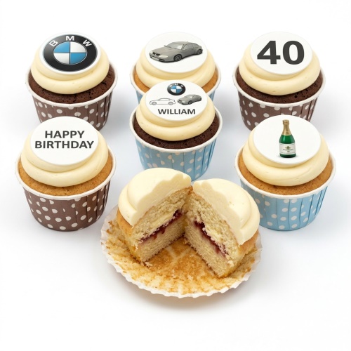BMW logo cupcakes, grey BMW car cupcake, champagne bottle cupcake, custom age '40' cupcake, and 'Happy Birthday' cupcake toppers with white frosting.