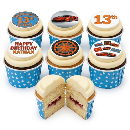 Cupcakes with red sports car and orange car wheel toppers, in blue polka dot cases, with custom age elements.