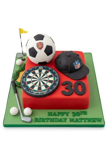 Rectangular sports theme birthday cake with football, golf green, dartboard, NFL cap, and custom age topper.