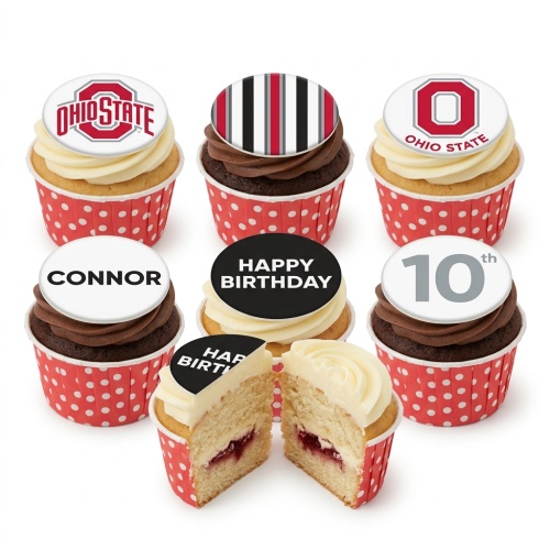 A selection of Ohio State themed birthday cupcakes with red, white, and black toppers, some showing custom age and message examples.