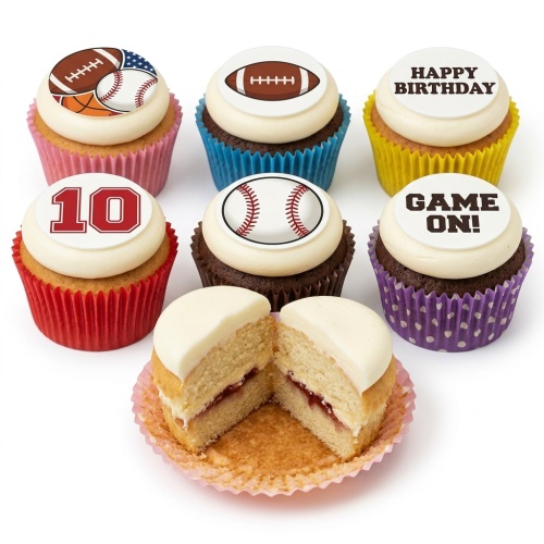 Sports themed birthday cupcakes with American football, baseball, and basketball toppers, plus a custom age.