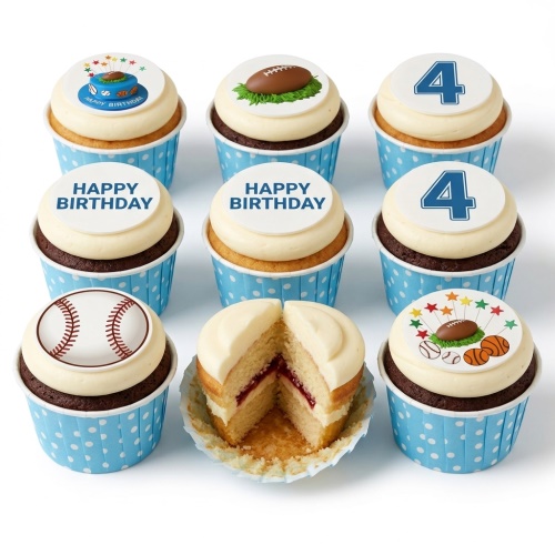Assortment of sports themed cupcakes with custom age topper, football, baseball, and basketball decorations, and 'Happy Birthday' messages.