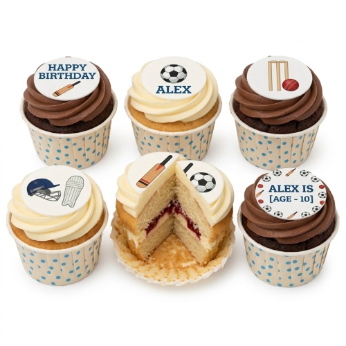 Assortment of sports-themed cupcakes with football and cricket toppers, some with custom age and message options.