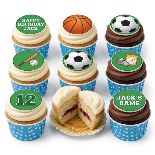 Cupcakes with green and white sports-themed edible toppers, including football, basketball, baseball, and a custom age.