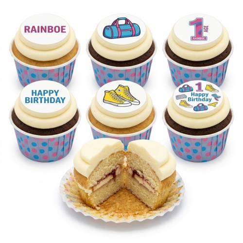 Set of six cupcakes with white frosting and edible toppers featuring yellow trainers, a blue and pink duffel bag, and 'Happy Birthday' text, with one cupcake cut open to show jam filling.
