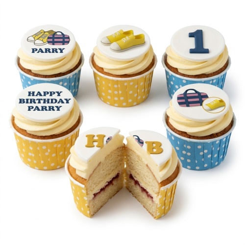 Vanilla cupcakes with yellow sneakers and duffel bag toppers, featuring a custom age and personalised message.