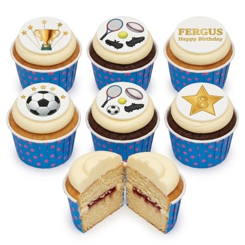 Assortment of sports theme birthday cupcakes with football, rugby, tennis, trophy, and custom age toppers.