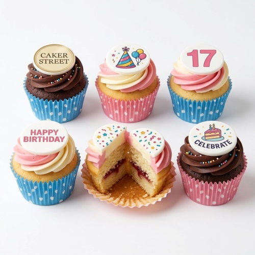 Assorted birthday cupcakes with pink and chocolate frosting, party hat, 'Happy Birthday', 'Celebrate' and custom age toppers.