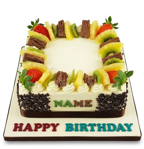 Square birthday cake decorated with fresh strawberries, kiwi, pineapple, and chocolate.